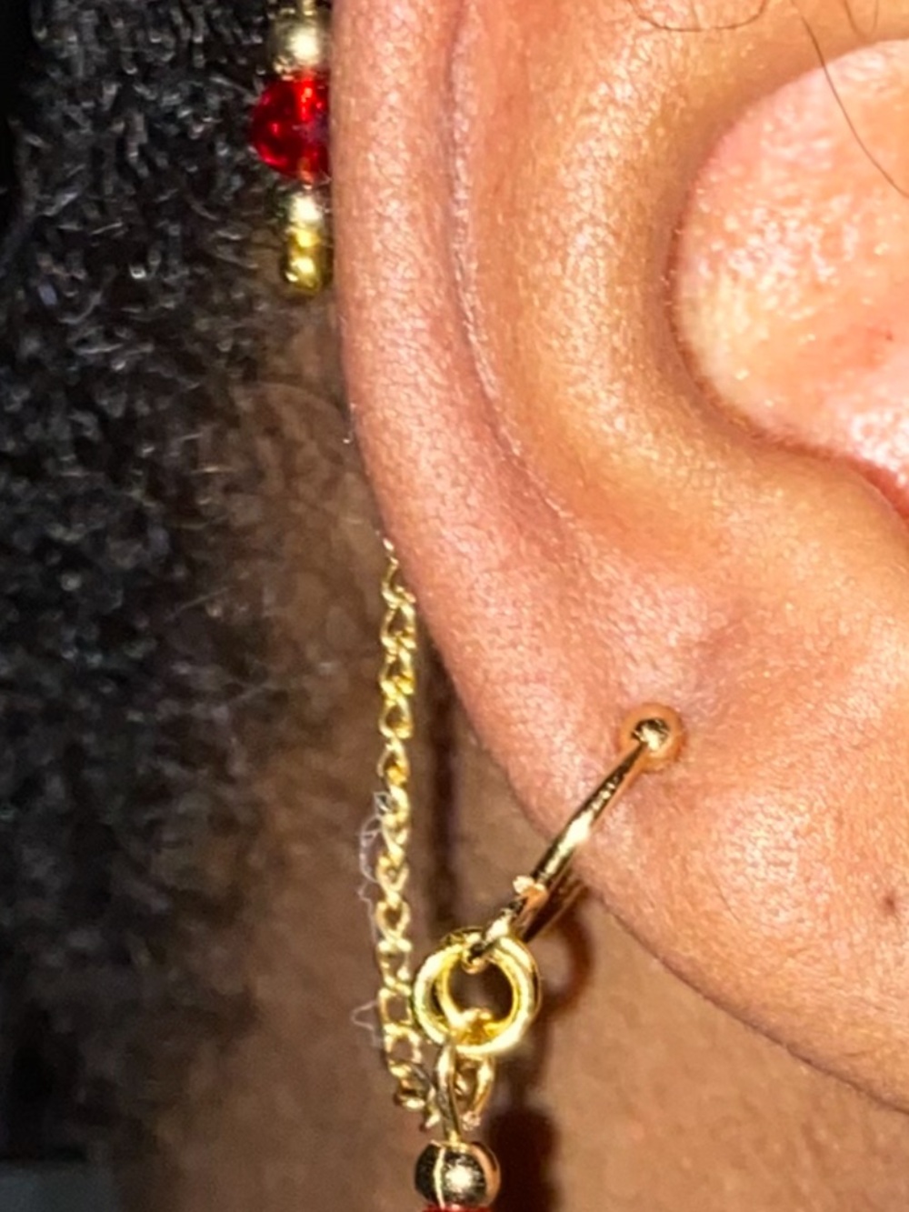 Gold Tone Dangle Hoop Ear cuff with Red Bead Accent